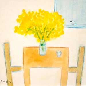 手描きイラスト のおすすめ作品・人気作家 水彩画 花 ドローイング 心象風景 春 水彩 「ミモザのある部屋」 インテリア絵画 アート