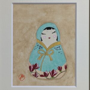 日本画 のおすすめ作品・人気作家 アートのある暮らし mineral だるま パワーストーン 日本画 縁起物 茶 誕生石 赤緑 鉱物 アマゾナイトで描いた「花だるま」 インテリア絵画 アート