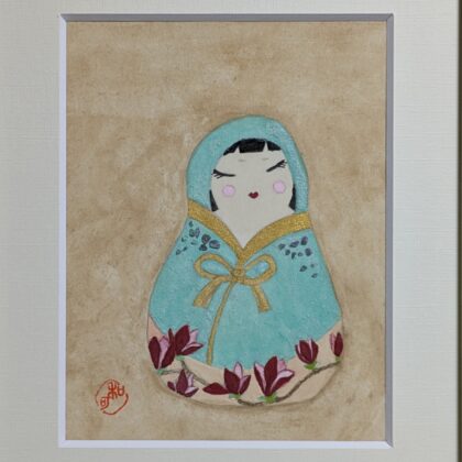 日本画 のおすすめ作品・人気作家 アートのある暮らし mineral だるま パワーストーン 日本画 縁起物 茶 誕生石 赤緑 鉱物 アマゾナイトで描いた「花だるま」 インテリア絵画 アート