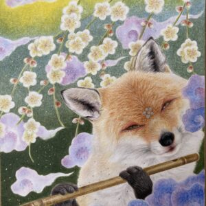 手描きイラスト のおすすめ作品・人気作家 緑 パステルカラー 春 梅 淡い 狐 笛 音楽 祝笛 インテリア絵画 アート