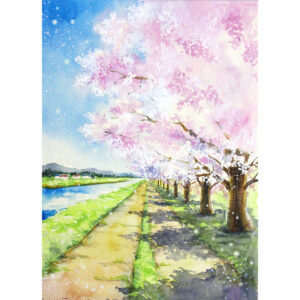水彩画 のおすすめ作品・人気作家 イラスト 光 水彩画 自然 花 アート 並木道 原画 川 日 明るい 春 桜 水 水彩 絵画 陽 風景 風景画 水辺の桜並木 インテリア絵画 アート