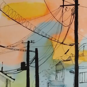 ペン画 ドローイングのおすすめ作品・人気作家 ペン画 夕焼け 水彩 水彩紙 町並み 空 電柱 夕焼けの空模様 インテリア絵画 アート
