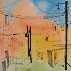 ペン画 ドローイングのおすすめ作品・人気作家 ペン画 夕焼け 水彩 水彩紙 町並み 黄昏の曲がり道 インテリア絵画 アート