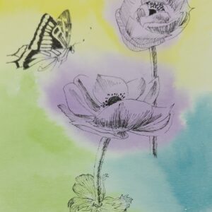 ペン画 ドローイングのおすすめ作品・人気作家 自然 花 アネモネ ドローイング ペン画 水彩 蝶 蝶とアネモネ インテリア絵画 アート