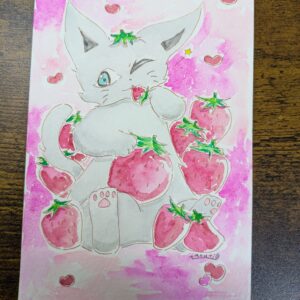 イラスト のおすすめ作品・人気作家 イラスト 水彩画 猫 アナログイラスト 手描きイラスト 苺 透明水彩 苺なミルク インテリア絵画 アート