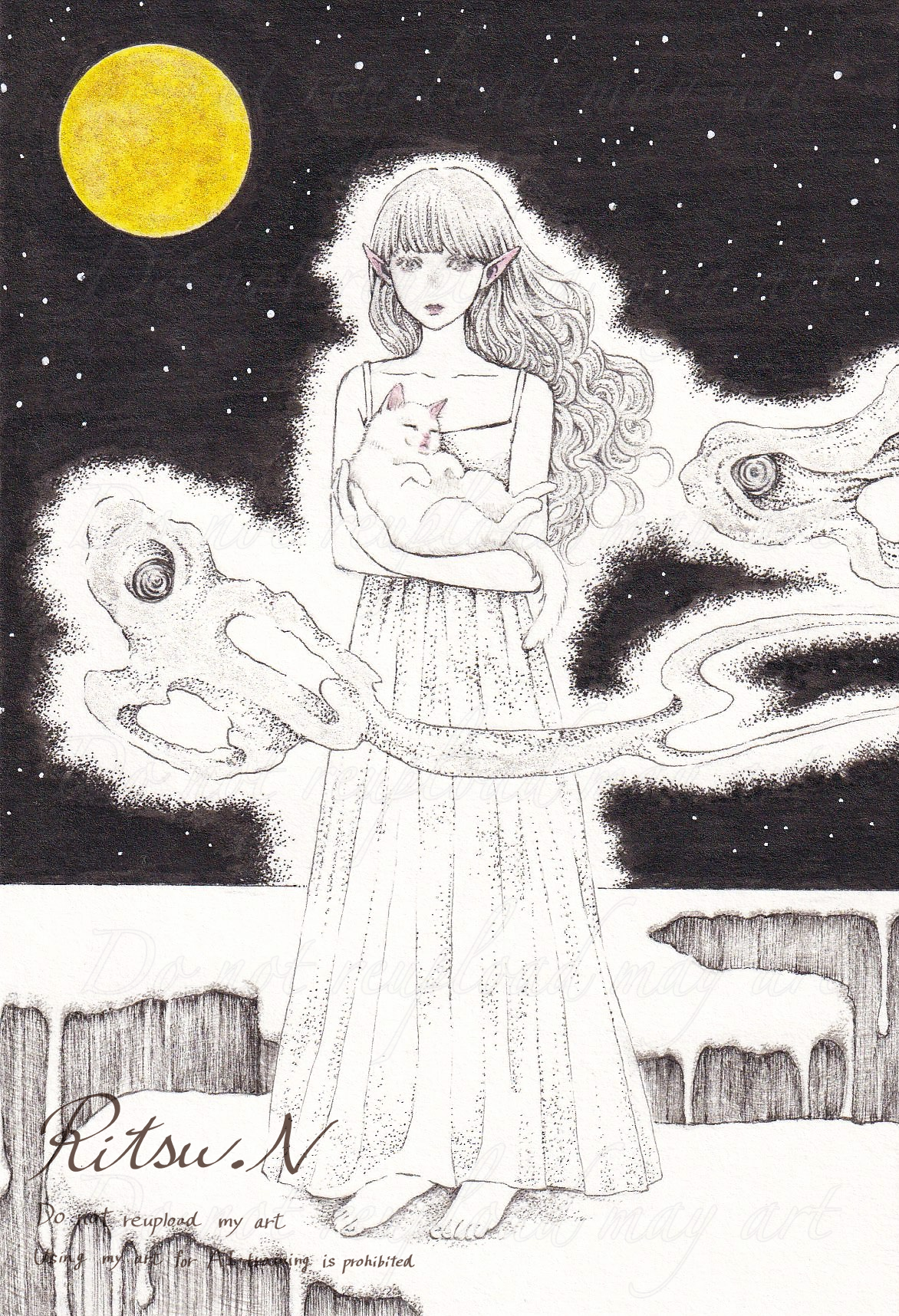 ペン画 ドローイングのおすすめ作品・人気作家 光 夜 星 少女 幻想 月 空 鬼火 月だけを頼りに インテリア絵画 アート