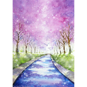 水彩画 のおすすめ作品・人気作家 イラスト 光 水彩画 自然 花 鳥 アート 並木道 原画 川 日 明るい 春 桜 水彩 水辺 絵画 陽 風景 風景画 水辺の桜並木 #5 インテリア絵画 アート