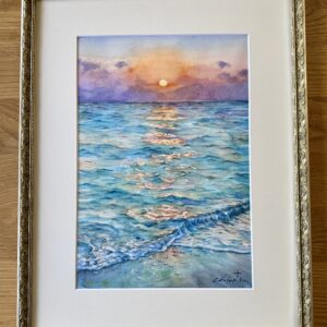 水彩画 のおすすめ作品・人気作家 水彩画 サンセット ニライビーチ 夕日 沖縄 ニライビーチ インテリア絵画 アート