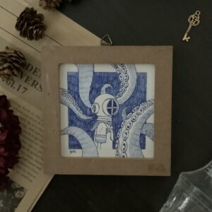 ペン画 ドローイングのおすすめ作品・人気作家 海 ゴシックホラー タコ ダークアート ペン画 ホラー 正方形原画 潜水服 海の子シリーズ：タコ インテリア絵画 アート
