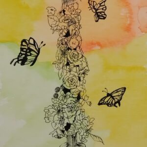 ペン画 ドローイングのおすすめ作品・人気作家 花 お洒落 ペン画 薔薇 蝶 薔薇と蝶 インテリア絵画 アート