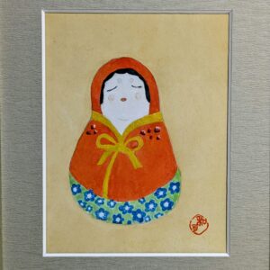 日本画 のおすすめ作品・人気作家 アートのある暮らし mineral だるま オレンジ青 パワーストーン 日本画 縁起物 誕生石 鉱物 コーラルで描いた「花だるま」 インテリア絵画 アート