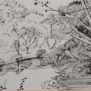 ペン画 ドローイングのおすすめ作品・人気作家 森 自然 ペン画 湖 湖面【額付き】 インテリア絵画 アート