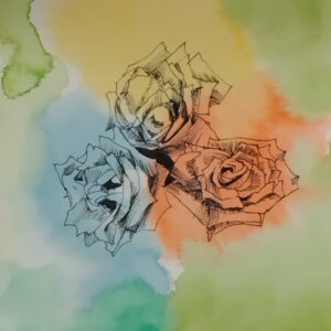 ペン画 ドローイングのおすすめ作品・人気作家 花 ペン画 水彩 薔薇 赤い薔薇、黄色い薔薇、青い薔薇 インテリア絵画 アート