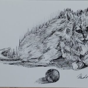ペン画 ドローイングのおすすめ作品・人気作家 猫  可愛い ドローイング ペン画 猫と鞠 インテリア絵画 アート