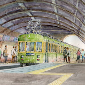 水彩画 のおすすめ作品・人気作家 水彩画原画風景画湘南ホーム電車江ノ電藤沢駅 水彩画原画　江ノ電藤沢駅ホーム　＃718 インテリア絵画 アート