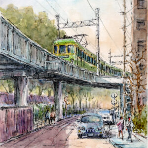 水彩画 のおすすめ作品・人気作家 水彩画原画風景画藤沢江ノ電高架線 水彩画原画　江ノ電・高架を走る　＃716 インテリア絵画 アート