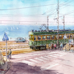 水彩画 のおすすめ作品・人気作家 水彩画原画風景画海湘南鎌倉七里ヶ浜江ノ電鎌倉高校駅前踏切 水彩画原画　江ノ電・鎌倉高校前踏切風景30　＃719 インテリア絵画 アート