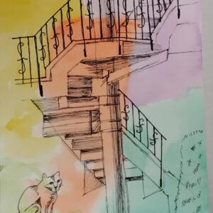 ペン画 ドローイングのおすすめ作品・人気作家 猫 らせん階段 ドローイング ペン画 水彩 階段 らせん階段と猫 インテリア絵画 アート