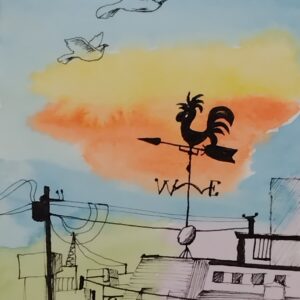 ペン画 ドローイングのおすすめ作品・人気作家 ドローイング ペン画 水彩 風景画 風見鶏 風見鶏のある風景 インテリア絵画 アート
