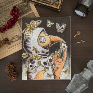 手描きイラスト のおすすめ作品・人気作家 F0キャンバス ゴシックアート ダークアート ペストマスク ペン画 ホラーアート 不気味 死神 蛾 髑髏 Plague Reaper -死の羽音- インテリア絵画 アート