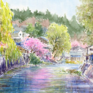 水彩画 のおすすめ作品・人気作家 水彩画風景画原画春桜飛騨高山 注文制作します・水彩画 桜・飛騨高山にて #212 インテリア絵画 アート