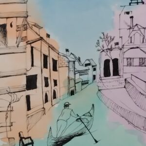 ペン画 ドローイングのおすすめ作品・人気作家 ドローイング ペン画 水彩 河 風景 ヨーロッパの河と小舟 インテリア絵画 アート