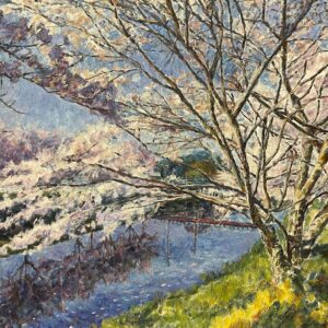 油絵 のおすすめ作品・人気作家 油絵 F25 厚塗り 大宇陀 奈良 春 桜 水面 風景画 大宇陀川の桜並木 インテリア絵画 アート