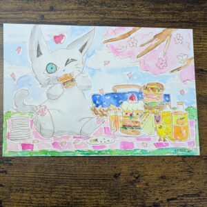イラスト のおすすめ作品・人気作家 イラスト 水彩画 猫 アナログイラスト ピクニック 手描きイラスト 春 透明水彩 ミルクのピクニック インテリア絵画 アート
