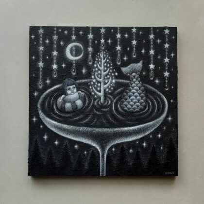 アクリル画 のおすすめ作品・人気作家 アクリル モノクロ 夜 星 魚 ファンタジー 女の子 月 絵画 水浴び インテリア絵画 アート
