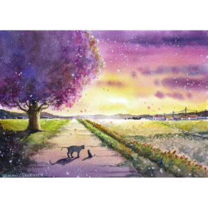 水彩画 のおすすめ作品・人気作家 イラスト 光 水彩画 猫 自然 花 アート 原画 夕日 思い出 懐かしい 春 桜 水彩 絵画 記憶 道 陽 風景画 夕桜が舞う道 インテリア絵画 アート