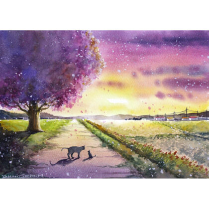 水彩画 のおすすめ作品・人気作家 イラスト 光 水彩画 猫 自然 花 アート 原画 夕日 思い出 懐かしい 春 桜 水彩 絵画 記憶 道 陽 風景画 夕桜が舞う道 インテリア絵画 アート