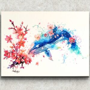 イラスト のおすすめ作品・人気作家 Blue and Pink Cherry Blossom (桜) Fantasy Art healing Japan，Watercolor (水彩) Mixed Media (ミクストメディア) Nature Original Painting (原画) sakura Whale (クジラ) ZEN 桜鯨幻想 インテリア絵画 アート