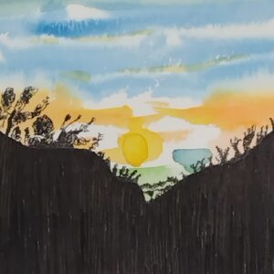 ペン画 ドローイングのおすすめ作品・人気作家 自然 ドローイング ペン画 夕陽 山 水彩 風景 山のシルエット インテリア絵画 アート