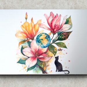 イラスト のおすすめ作品・人気作家 ミクストメディア 宇宙 猫 A5 size Black Cat Dreamy earth fantasy Hand painted healing interior Magnolia Mystical Nature Original Painting Planetary Spiritual Art Unframed Wall Art 水彩 Universal Bloom インテリア絵画 アート