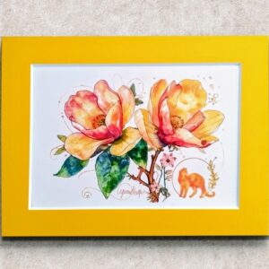 イラスト のおすすめ作品・人気作家 gold ミクストメディア 猫 花 黄色 A5 size energy Floral Art Framed Art gift Hand painted healing Interior Art Japanese Modern Magnolia Original Painting Positive Vibe Spirituality Wall Decor 水彩 琥珀の午後、花の円舞 インテリア絵画 アート