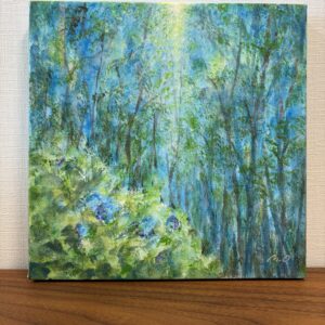 絵画 のおすすめ作品・人気作家 紫陽花　梅雨　光　初夏　雨上がり　風景　絵画　インテリアアート　ヒーリングアート　癒し　静寂　正方形　リビング　玄関　花　自然　青　緑　太陽　木漏れ日 こころ解ける インテリア絵画 アート