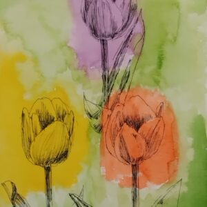 ペン画 ドローイングのおすすめ作品・人気作家 花 チューリップ ペン画 春 水彩 赤いチューリップ、黄色いチューリップ、紫のチューリップ インテリア絵画 アート