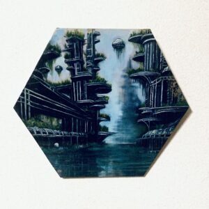 油絵 のおすすめ作品・人気作家 未来都市　油画　油絵　六角形 傾いた進化した未来都市 インテリア絵画 アート