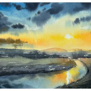 水彩画 のおすすめ作品・人気作家 夕暮れ 川 水彩 風景 風に導かれるままに インテリア絵画 アート