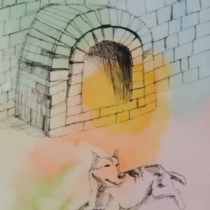 ペン画 ドローイングのおすすめ作品・人気作家 犬 ドローイング ペン画 室内 暖炉 水彩 暖炉と犬 インテリア絵画 アート