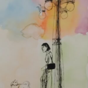 ペン画 ドローイングのおすすめ作品・人気作家 人物 犬 ドローイング ペン画 水彩 街 灯火の下で インテリア絵画 アート