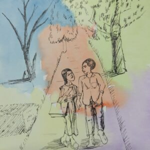 ペン画 ドローイングのおすすめ作品・人気作家 カップル ドローイング ペン画 公園 水彩 カップル インテリア絵画 アート