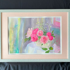 水彩画 のおすすめ作品・人気作家 ピンク 水彩画 花 バラ 白い花瓶のバラ インテリア絵画 アート