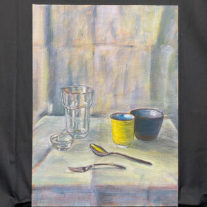 アクリル画 のおすすめ作品・人気作家 黄色 アクリル画 イエロー ガラス ブルー 青 静物画 黄色と青い器 インテリア絵画 アート