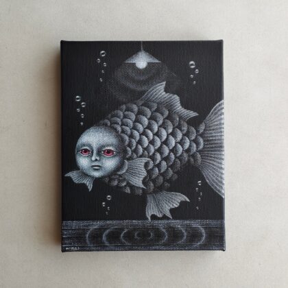 アクリル画 のおすすめ作品・人気作家 アクリル モノクロ 動物 夜 魚 ファンタジー 室内 生き物 絵画 電灯の下 インテリア絵画 アート