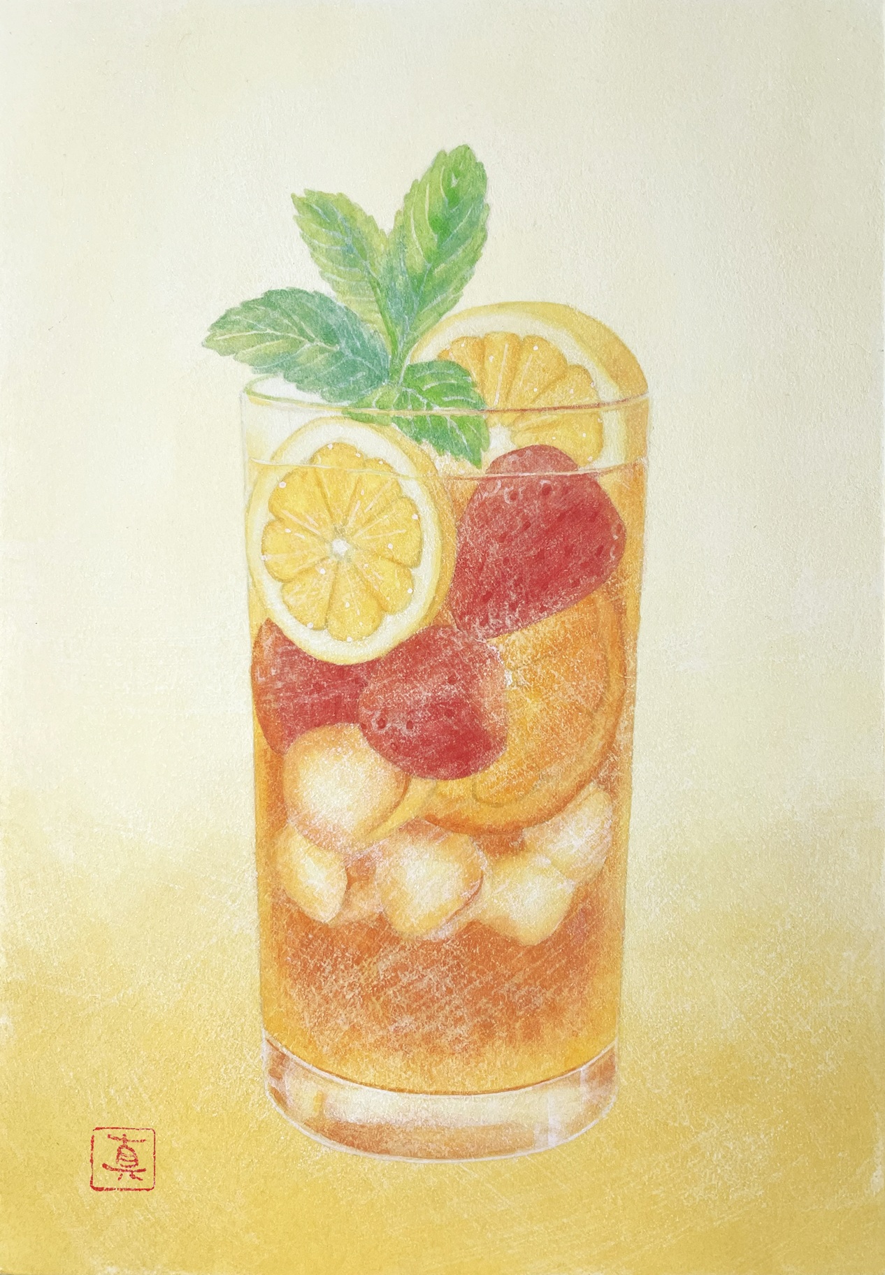 日本画 のおすすめ作品・人気作家 赤 黄色 イチゴ オレンジ レモン 春 果物 食べ物 飲み物 季節の果実水〈イチゴとレモン〉 インテリア絵画 アート