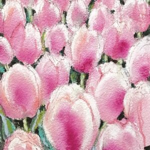 水彩画 のおすすめ作品・人気作家 ピンク 緑 花 チューリップ 春 水彩 街角のチューリップ インテリア絵画 アート