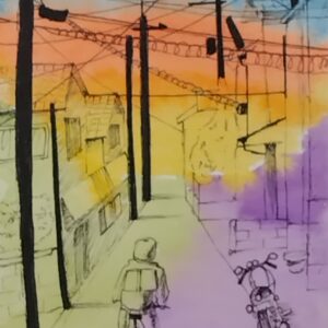 ペン画 ドローイングのおすすめ作品・人気作家 ペン画 夕焼け 水彩 水彩紙 町並み 黄昏の街 インテリア絵画 アート