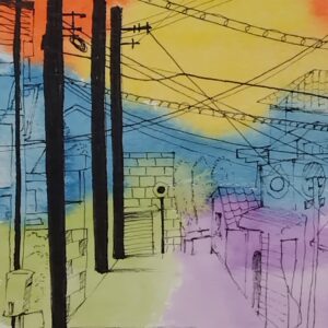 ペン画 ドローイングのおすすめ作品・人気作家 ペン画 夕焼け 水彩 水彩紙 町並み 静寂と夕焼け インテリア絵画 アート