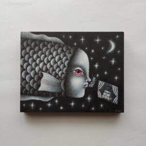 アクリル画 のおすすめ作品・人気作家 アクリル モノクロ 動物 夜 星 魚 ファンタジー 月 生き物 絵画 どうしたの？ インテリア絵画 アート